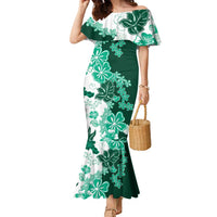 Green Hibiscus Plumeria Floral Family Matching Mermaid Dress and Hawaiian Shirt LT01 Mom's Dress Green - Polynesian Pride