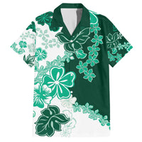 Green Hibiscus Plumeria Floral Family Matching Off The Shoulder Long Sleeve Dress and Hawaiian Shirt - Polynesian Pride