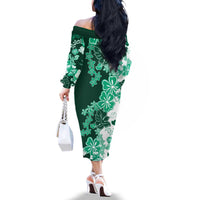 Green Hibiscus Plumeria Floral Family Matching Off The Shoulder Long Sleeve Dress and Hawaiian Shirt - Polynesian Pride
