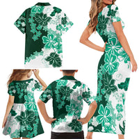 Green Hibiscus Plumeria Floral Family Matching Short Sleeve Bodycon Dress and Hawaiian Shirt LT01 - Polynesian Pride