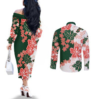 Green Orange Hibiscus Plumeria Floral Couples Matching Off The Shoulder Long Sleeve Dress and Long Sleeve Button Shirt - Polynesian Pride