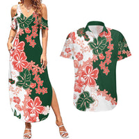 Green Orange Hibiscus Plumeria Floral Couples Matching Summer Maxi Dress and Hawaiian Shirt - Polynesian Pride