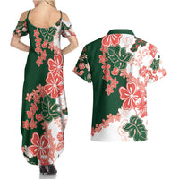 Green Orange Hibiscus Plumeria Floral Couples Matching Summer Maxi Dress and Hawaiian Shirt - Polynesian Pride