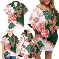 Green Orange Hibiscus Plumeria Floral Family Matching Off Shoulder Short Dress and Hawaiian Shirt - Polynesian Pride