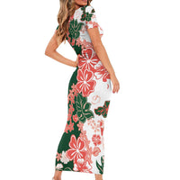 Green Orange Hibiscus Plumeria Floral Family Matching Short Sleeve Bodycon Dress and Hawaiian Shirt LT01 - Polynesian Pride