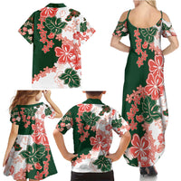 Green Orange Hibiscus Plumeria Floral Family Matching Summer Maxi Dress and Hawaiian Shirt - Polynesian Pride