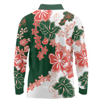 Green Orange Hibiscus Plumeria Floral Long Sleeve Polo Shirt - Polynesian Pride