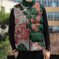Green Orange Hibiscus Plumeria Floral Sleeveless Puffer Jacket - Polynesian Pride