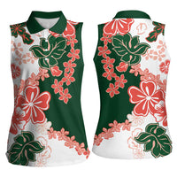 Green Orange Hibiscus Plumeria Floral Women Sleeveless Polo Shirt - Polynesian Pride