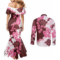 Pink Hibiscus Plumeria Floral Couples Matching Mermaid Dress and Long Sleeve Button Shirt - Polynesian Pride
