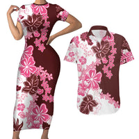 Pink Hibiscus Plumeria Floral Couples Matching Short Sleeve Bodycon Dress and Hawaiian Shirt - Polynesian Pride