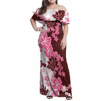 Pink Hibiscus Plumeria Floral Family Matching Off Shoulder Maxi Dress and Hawaiian Shirt LT01 Mom's Dress Pink - Polynesian Pride