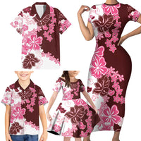 Pink Hibiscus Plumeria Floral Family Matching Short Sleeve Bodycon Dress and Hawaiian Shirt LT01 - Polynesian Pride
