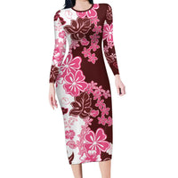 Pink Hibiscus Plumeria Floral Long Sleeve Bodycon Dress LT01 Long Dress Pink - Polynesian Pride