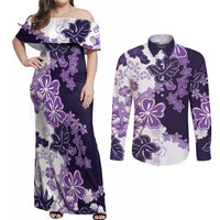 Purple Hibiscus Plumeria Floral Couples Matching Off Shoulder Maxi Dress and Long Sleeve Button Shirt - Polynesian Pride