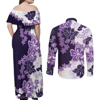Purple Hibiscus Plumeria Floral Couples Matching Off Shoulder Maxi Dress and Long Sleeve Button Shirt - Polynesian Pride