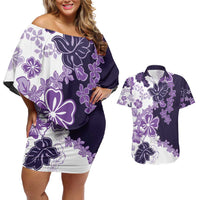 Purple Hibiscus Plumeria Floral Couples Matching Off Shoulder Short Dress and Hawaiian Shirt - Polynesian Pride