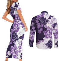 Purple Hibiscus Plumeria Floral Couples Matching Short Sleeve Bodycon Dress and Long Sleeve Button Shirt - Polynesian Pride