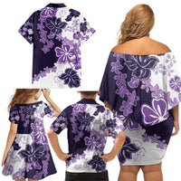 Purple Hibiscus Plumeria Floral Family Matching Off Shoulder Short Dress and Hawaiian Shirt - Polynesian Pride