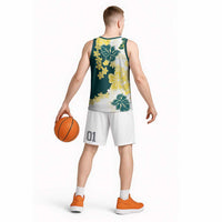 Yelow Teal Hibiscus Plumeria Floral Basketball Jersey - Polynesian Pride