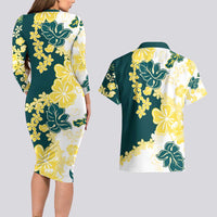 Yelow Teal Hibiscus Plumeria Floral Couples Matching Long Sleeve Bodycon Dress and Hawaiian Shirt - Polynesian Pride