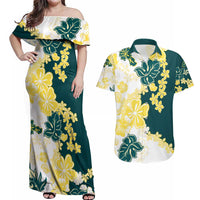 Yelow Teal Hibiscus Plumeria Floral Couples Matching Off Shoulder Maxi Dress and Hawaiian Shirt - Polynesian Pride