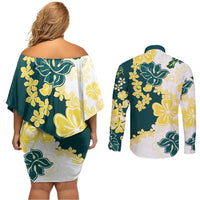 Yelow Teal Hibiscus Plumeria Floral Couples Matching Off Shoulder Short Dress and Long Sleeve Button Shirt - Polynesian Pride