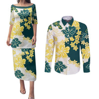 Yelow Teal Hibiscus Plumeria Floral Couples Matching Puletasi and Long Sleeve Button Shirt - Polynesian Pride