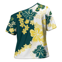 Yelow Teal Hibiscus Plumeria Floral Cross Shoulder Shirt - Polynesian Pride