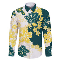 Yelow Teal Hibiscus Plumeria Floral Family Matching Mermaid Dress and Hawaiian Shirt LT01 Dad's Shirt - Long Sleeve Yellow - Polynesian Pride