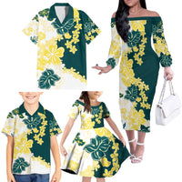 Yelow Teal Hibiscus Plumeria Floral Family Matching Off The Shoulder Long Sleeve Dress and Hawaiian Shirt - Polynesian Pride