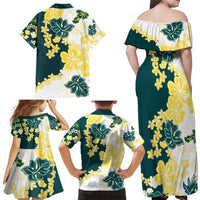 Yelow Teal Hibiscus Plumeria Floral Family Matching Off Shoulder Maxi Dress and Hawaiian Shirt LT01 - Polynesian Pride