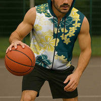 Yelow Teal Hibiscus Plumeria Floral Sleeveless Zip Hoodie - Polynesian Pride