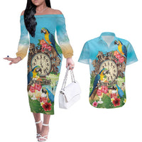 Personalized It's 5 o'clock Somewhere Couples Matching Off The Shoulder Long Sleeve Dress and Hawaiian Shirt Hawaiian Tropical Parrots LT01 Blue - Polynesian Pride