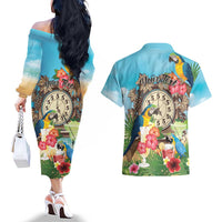 Personalized It's 5 o'clock Somewhere Couples Matching Off The Shoulder Long Sleeve Dress and Hawaiian Shirt Hawaiian Tropical Parrots LT01 - Polynesian Pride