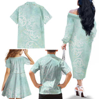 Polynesian Tiare Monstera Seafoam Green Family Matching Off The Shoulder Long Sleeve Dress and Hawaiian Shirt Liquid Style LT01 - Polynesian Pride