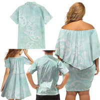 Polynesian Tiare Monstera Seafoam Green Family Matching Off Shoulder Short Dress and Hawaiian Shirt Liquid Style LT01 - Polynesian Pride