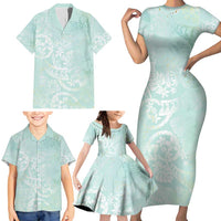 Polynesian Tiare Monstera Seafoam Green Family Matching Short Sleeve Bodycon Dress and Hawaiian Shirt Liquid Style LT01 - Polynesian Pride