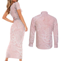 Polynesian Tiare Monstera Soft Pink Couples Matching Short Sleeve Bodycon Dress and Long Sleeve Button Shirt Liquid Style - Polynesian Pride
