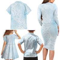 Polynesian Tiare Monstera Baby Blue Family Matching Long Sleeve Bodycon Dress and Hawaiian Shirt Liquid Style LT01 - Polynesian Pride