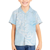 Polynesian Tiare Monstera Baby Blue Family Matching Off Shoulder Short Dress and Hawaiian Shirt Liquid Style LT01 Son's Shirt Blue - Polynesian Pride