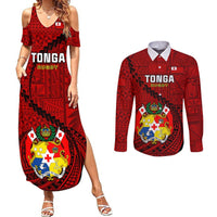 Tonga Rugby Couples Matching Summer Maxi Dress and Long Sleeve Button Shirts Tongan Ngatu Pattern Black Version LT01 Red - Polynesian Pride