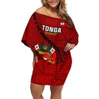 Custom Tonga Rugby Off Shoulder Short Dress Tongan Ngatu Pattern Black Version LT01 Women Red - Polynesian Pride