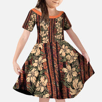 Hawaii Hibiscus Family Matching Off Shoulder Maxi Dress and Hawaiian Shirt Retro Style LT01 Daughter's Dress Brown - Polynesian Pride