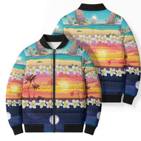 Hawaii Beach Landscape Time-Lapse Bomber Puffer Jacket Tropical Plumeria Flowers - Polynesian Pride