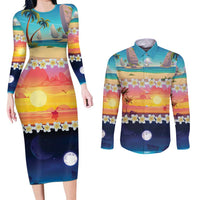 Hawaii Beach Landscape Time-Lapse Couples Matching Long Sleeve Bodycon Dress and Long Sleeve Button Shirt Tropical Plumeria Flowers - Polynesian Pride
