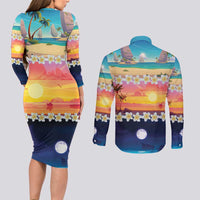 Hawaii Beach Landscape Time-Lapse Couples Matching Long Sleeve Bodycon Dress and Long Sleeve Button Shirt Tropical Plumeria Flowers - Polynesian Pride