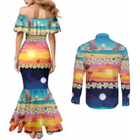 Hawaii Beach Landscape Time-Lapse Couples Matching Mermaid Dress and Long Sleeve Button Shirt Tropical Plumeria Flowers - Polynesian Pride