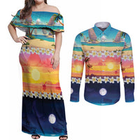 Hawaii Beach Landscape Time-Lapse Couples Matching Off Shoulder Maxi Dress and Long Sleeve Button Shirt Tropical Plumeria Flowers - Polynesian Pride