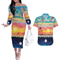 Hawaii Beach Landscape Time-Lapse Couples Matching Off The Shoulder Long Sleeve Dress and Hawaiian Shirt Tropical Plumeria Flowers LT01 Multicolor - Polynesian Pride